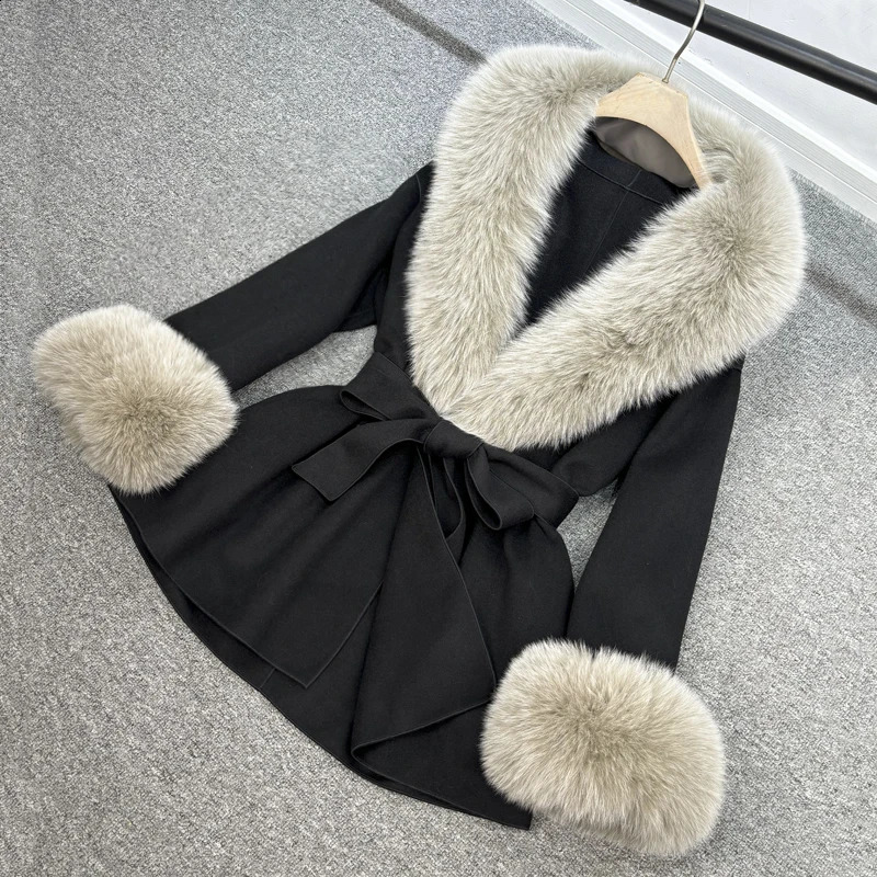 Janveny Womens Wool Coat Autumn Winter Natural Real Fox Fur Jackets Detachable Fluffy Fox Fur Trench Lady Outerwear 240911
