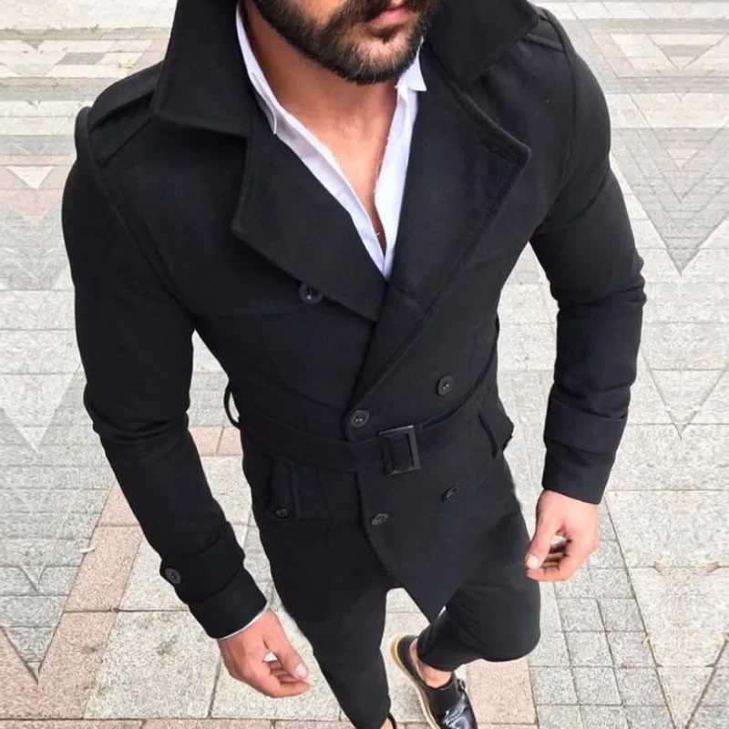 Fashion Men Woolen Jackets Autumn Winter Lapel Double Button Windbreaker Trench Coat Belt Cold Resistance Mid-Long Overcoat Y240918