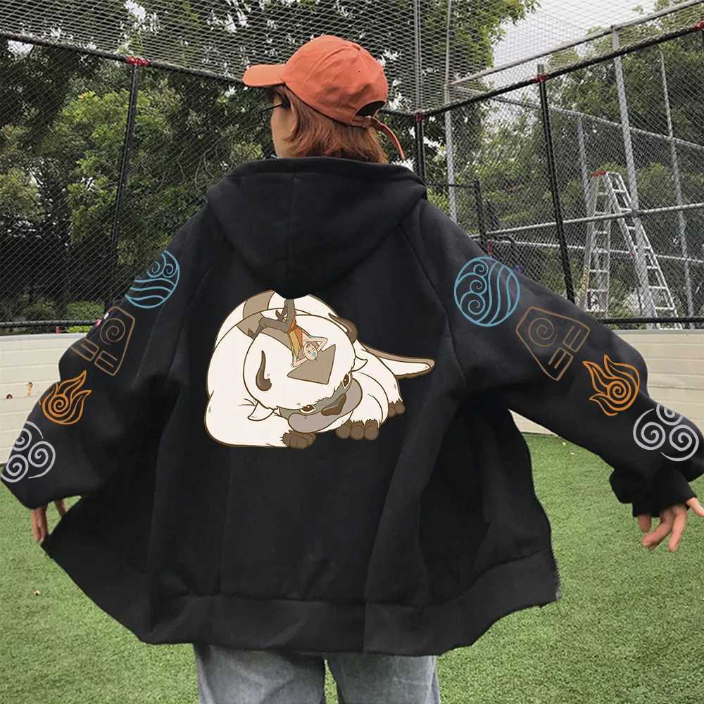 Avatar The Last Airbender Appa Zipper Hoodies Kawaii Cartoon Unisex Streetwear Harajuku Warm Oversized Black zip up Jacket coatX240918