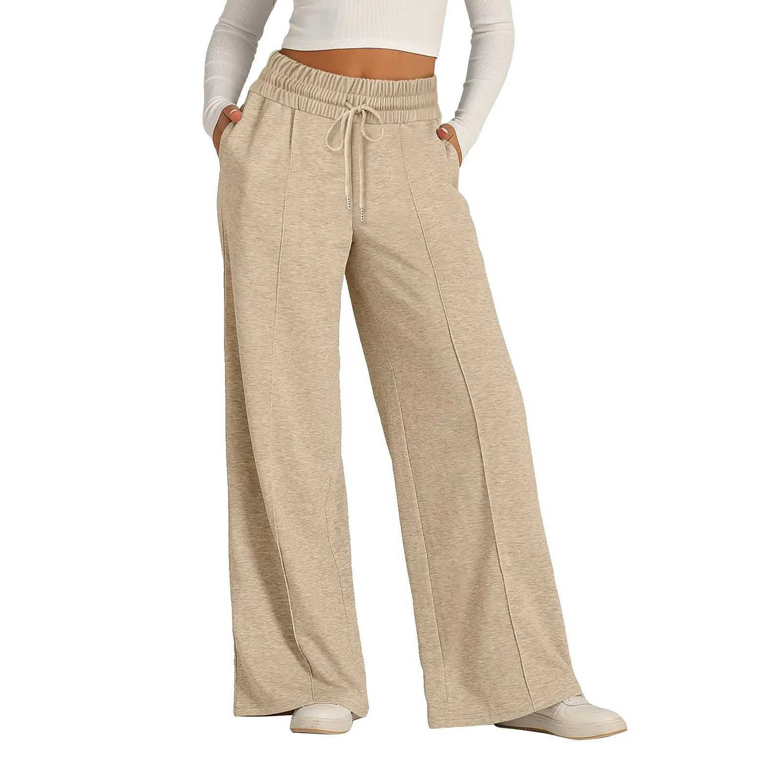 Womens Pant High Waisted Cotton Linen Pants Drawstring Waist Wide Leg Loose Trousers with Pockets M240918
