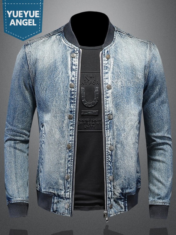 Mens Denim Bomber Jacket Slim Fit Vintage Moto Biker Short Cargo Coat Male Long Sleeve High Street Stand Collar Pilot Jackets