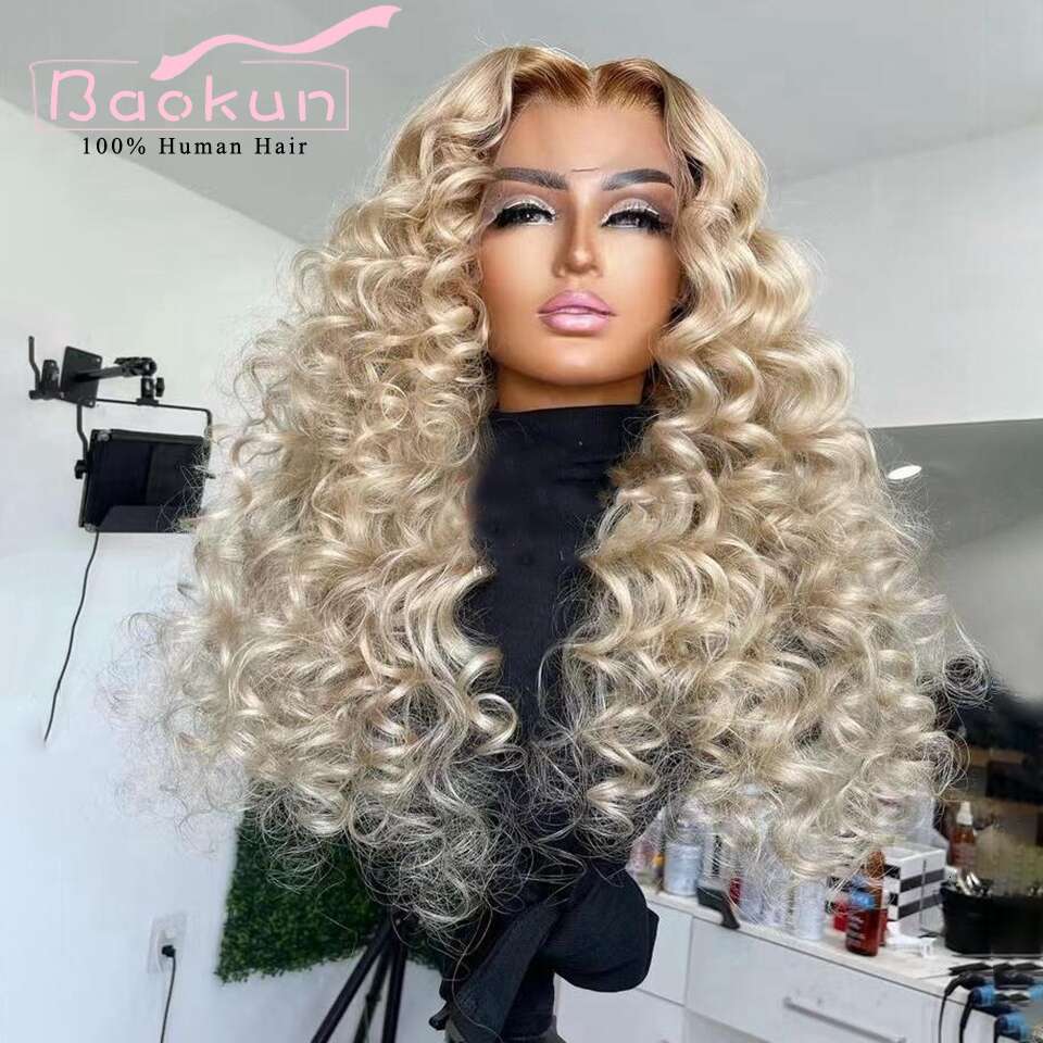 13X4 Ash Deep Curly Human Hair Wigs Ombre Honey Blonde Front Pre Plucked Transparent 13X6 HD Lace Frontal Wig