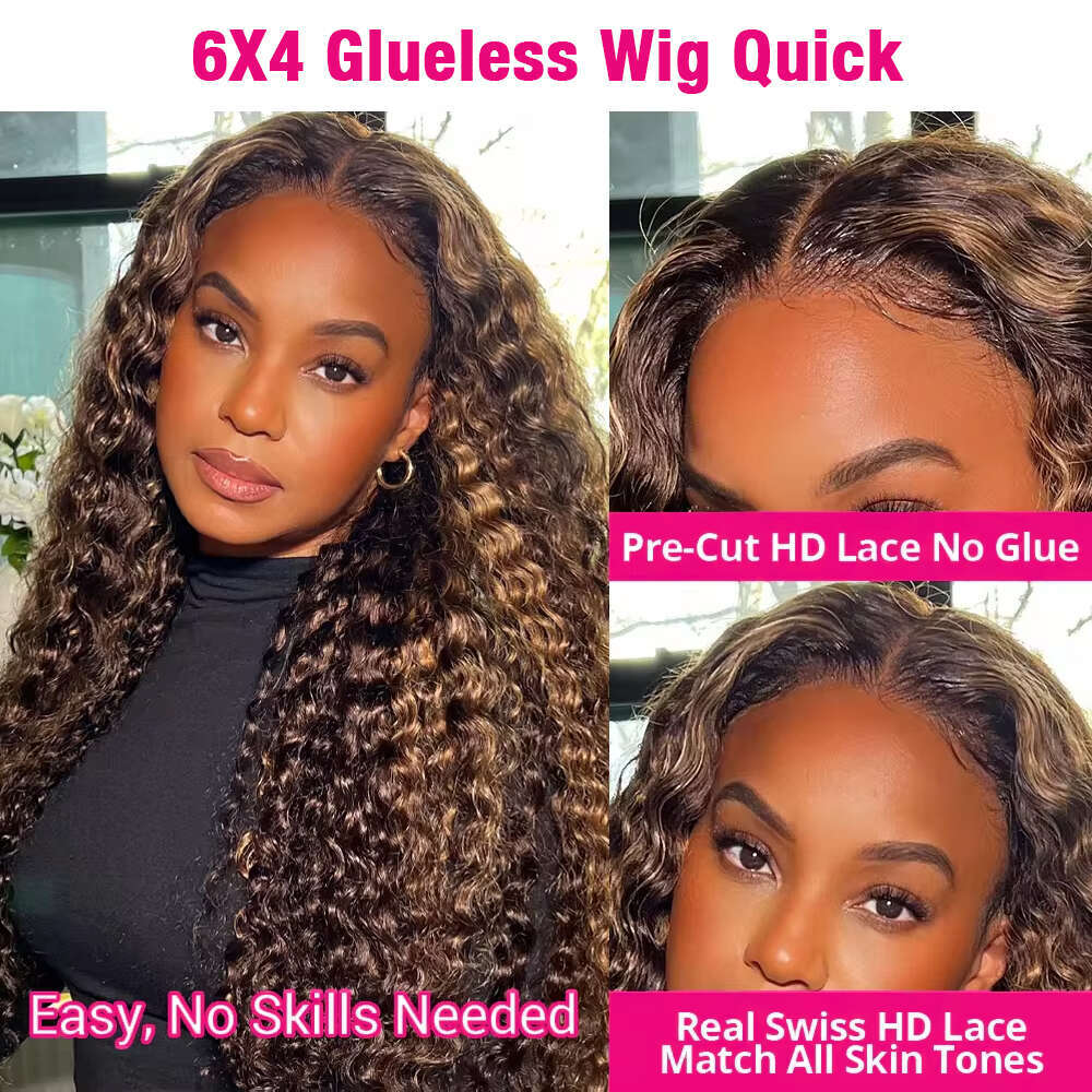Deep Wave 6X4 Glueless Wig Human Hair Ready To Wear 13X6 Lace Frontal Curly Highlight Ombre 4/27 Preplucked Haire Pre Cut