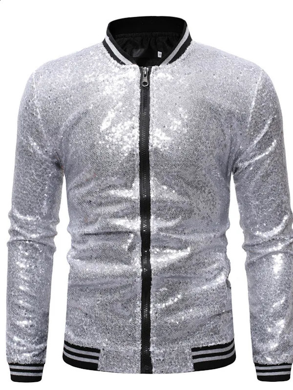 Shiny Sequins Sparkle Bomber Jacket Men est Gold Glitter Striped Zipper Mens Jackets And Coats Party Dance Show Clothes 240911