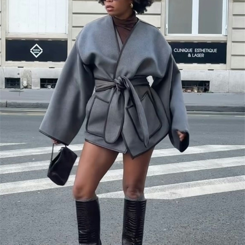 Vintage Grey Womens Coat with Belt Casual Loose Vneck Cardigan Jackets Fashion Windproof Women Coats Solid Color Jacket 240912