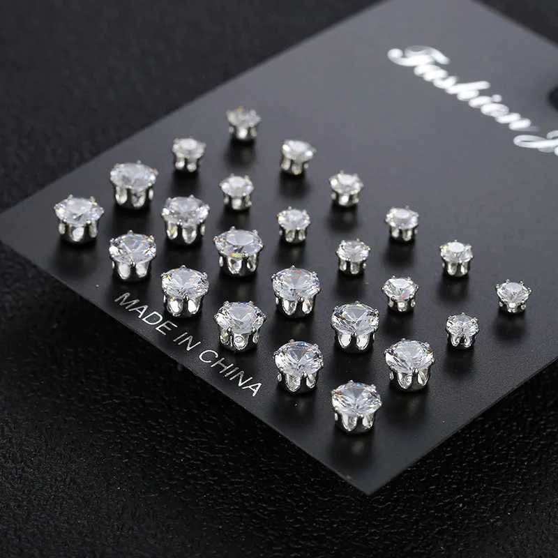 Maximum 12 Pairs Shiny Zircon Stud Earrings Set for Women Men Daily Versatile Chic Silver Color Crystal Ear Jewelry Accessories XJ250718