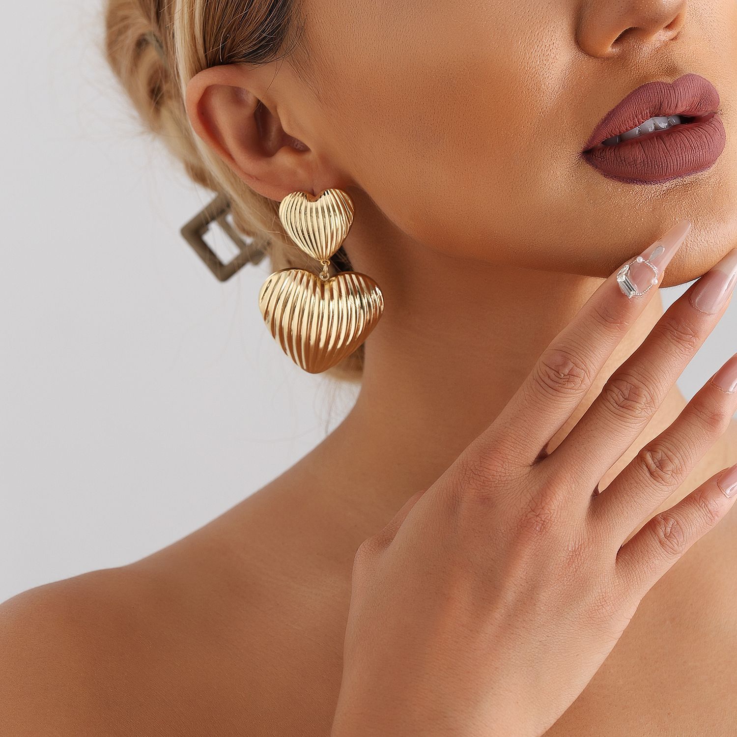 Double Heart Dangle Drop Earrings For Women Gold Plated Stainless Steel Vintage Luxury Jewelry Lady Party Birthday Wedding Gifts Daily Outfit