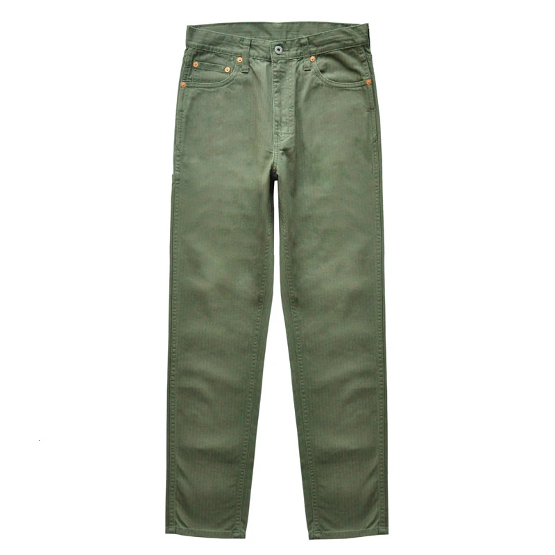 Sauce Zhan Men HBT Herringbone Cargo Casual Pants Waved Twills Slim Fit High Front Rise Wear-Resistant Green