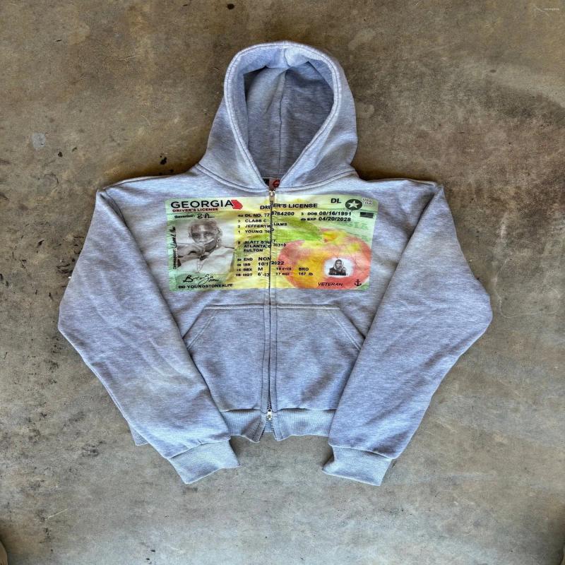 Mens Hoodies Retro Street Graphic Printed Hoodie Men Clothing Trendy Long Sleeve Zip Up Hooded Sweatshirt Overszied Loose