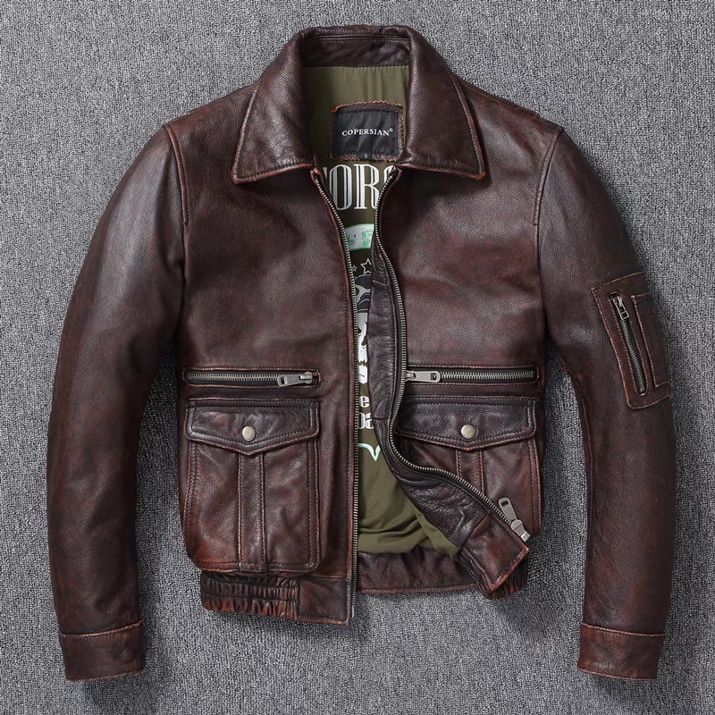 New Genuine Leather Vintage Stone Milled Top Layer Cowhide Bomber A2 Brown Men's Calfskin Motorcycle Jacket