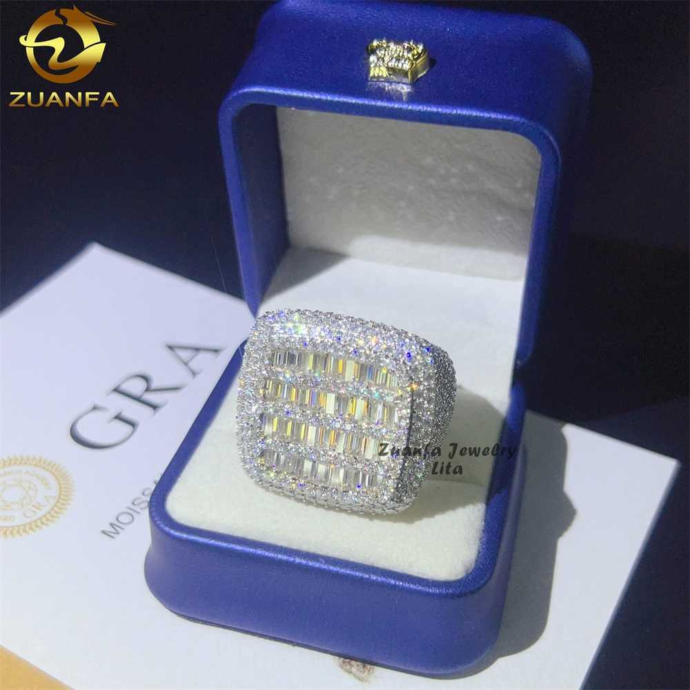 Luxury big pass diamond tester diamond hip hop rings baguette 925 sterling silver mens moissanite ring