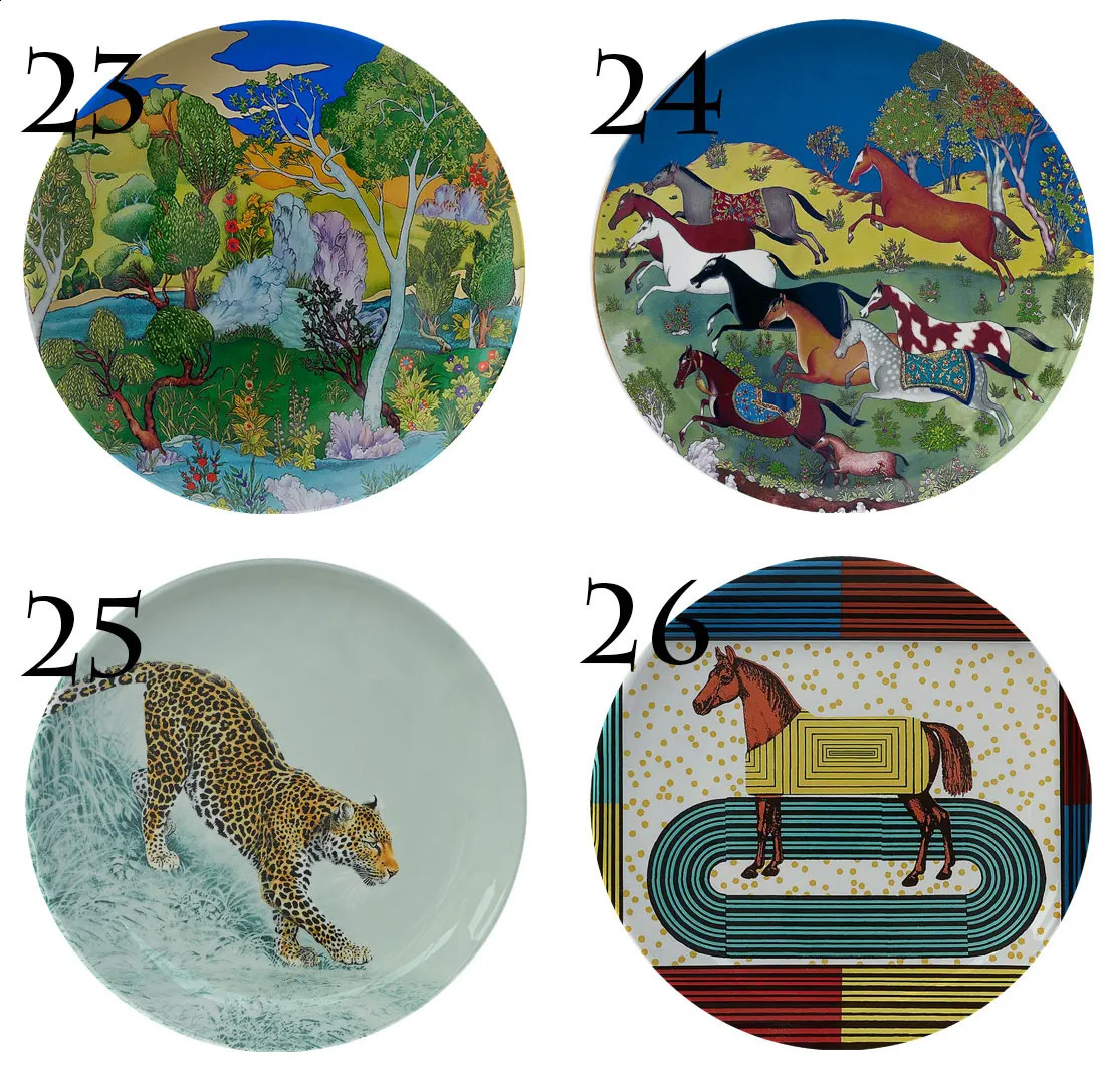 Jungle Horse Series Decorative Panel European Style Ceramic Plant Flower Plate Round Ceramic Craft Oriental Horse Garden Plants 240911