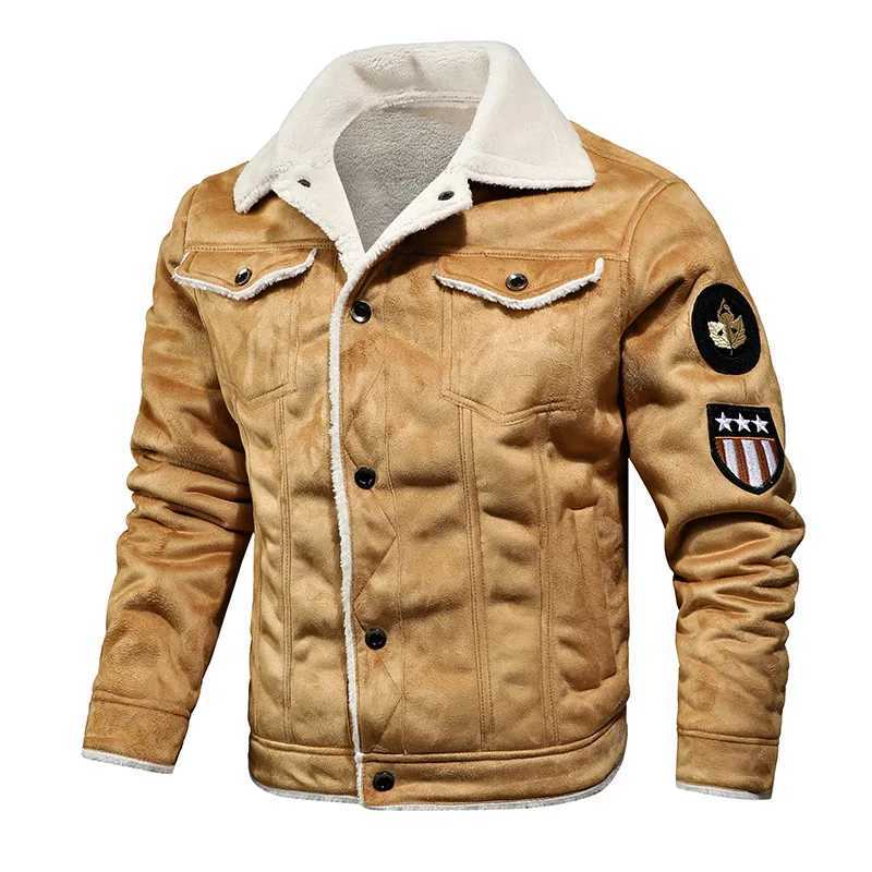 New mens leather jacket winter wool motorcycle synthetic leather jacket fashionable mens windproof lapel zipper jacket mens jacket W240918