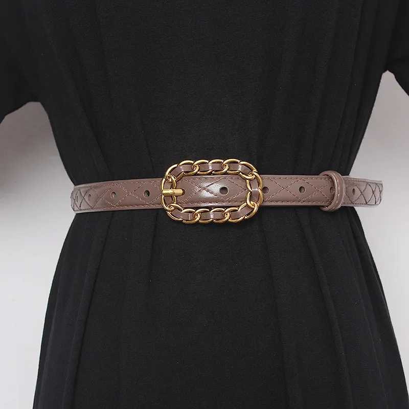 Belts Retro chain strap pin buckle quilted sewn small strap jeans leather J240913
