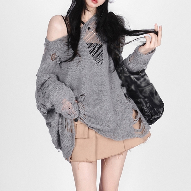 Womens Summer Ripped Knit Top Loose Drop Shoulder Long Sleeve Pullover Sweater 240911