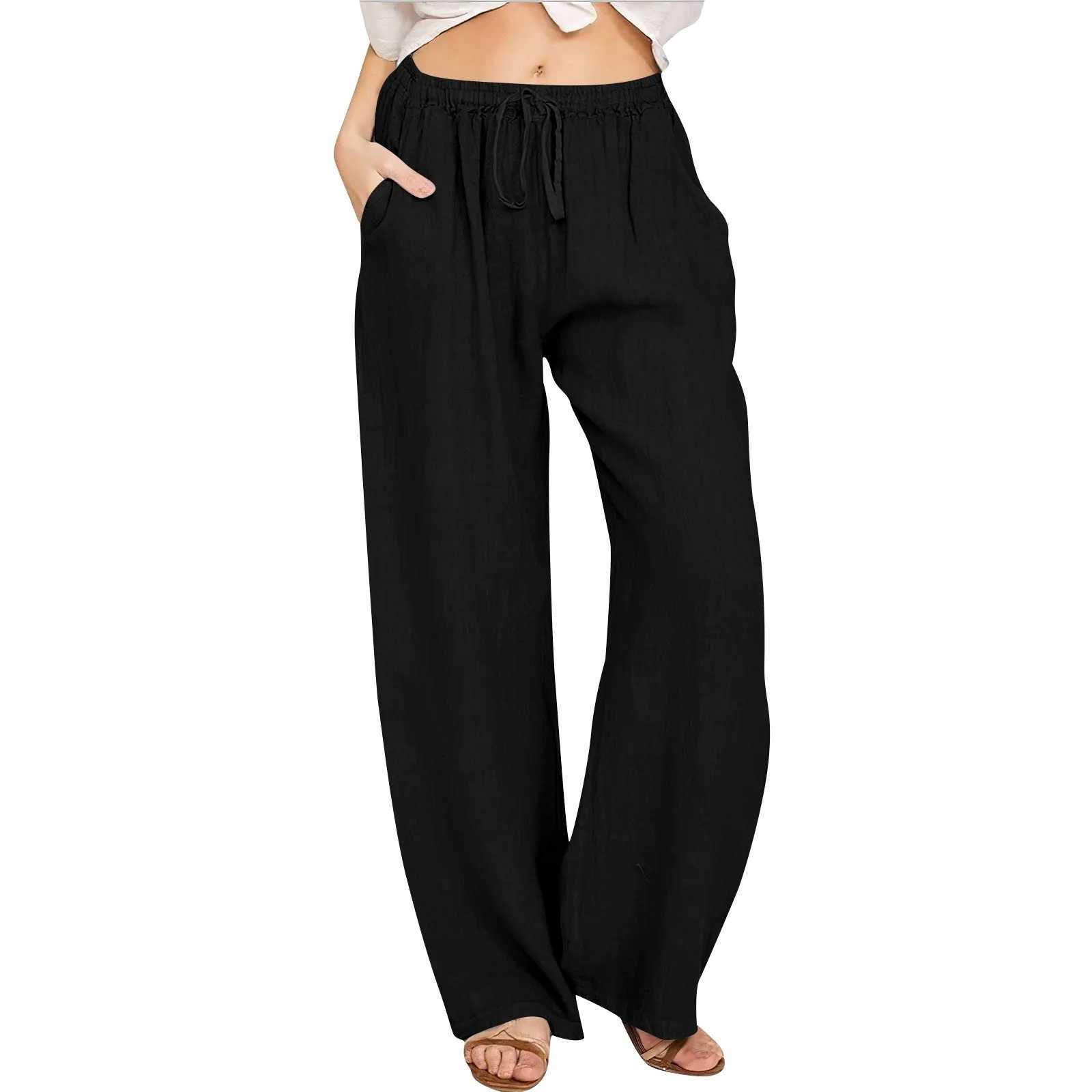 New Cotton Linen Pants Womens Elastic High Waist Palazzo Trousers Drawstring Wide Leg Yoga Fitness Female Loose Casual Pants M240918