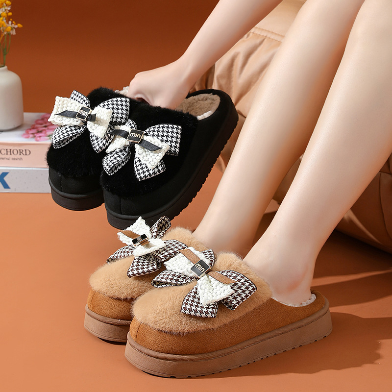 Designer Shoes In Black And White 2024 Autumn/winter New Home Interior Plush Warm Thick Bottom Fashionable Anti Slip Butterfly Knot Cotton Slippers Fo