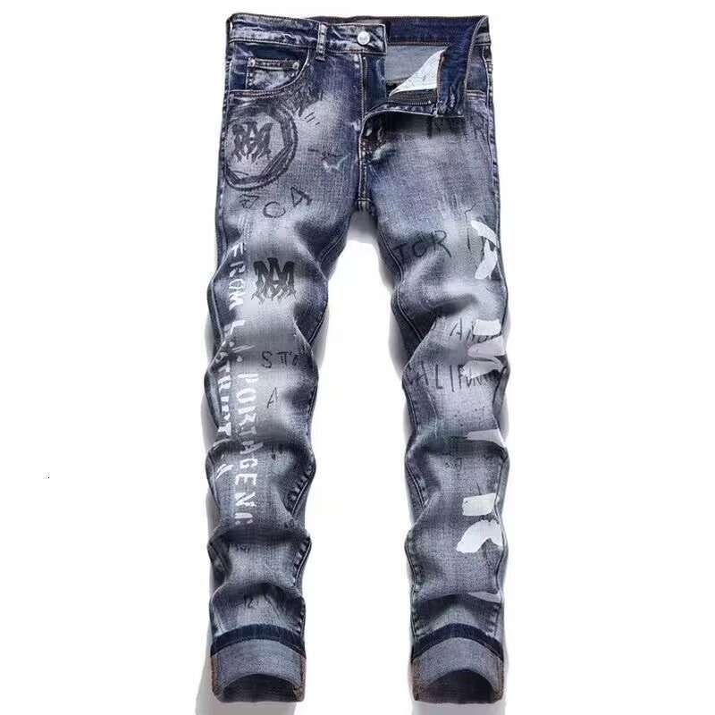 European and American fashion brands autumn retro graffiti letter print slim fit jeans men's trend scratched small feet foreign trade pants