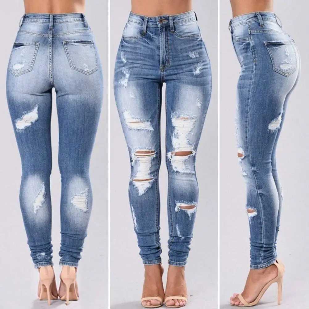 Winter Womens Trend Ripped High Waist Stretch Jeans Street Woman Stretchy Jeans Fashion Jeans Slim Pencil Pants Trousers M240914
