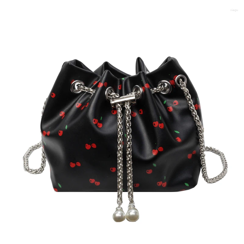 Drawstring Bucket Bags For Women Trend 2024 PU Leather Cherry Print Pearl Crossbady Purse And Handbags Chains Shoulder Strap Versatile Bag