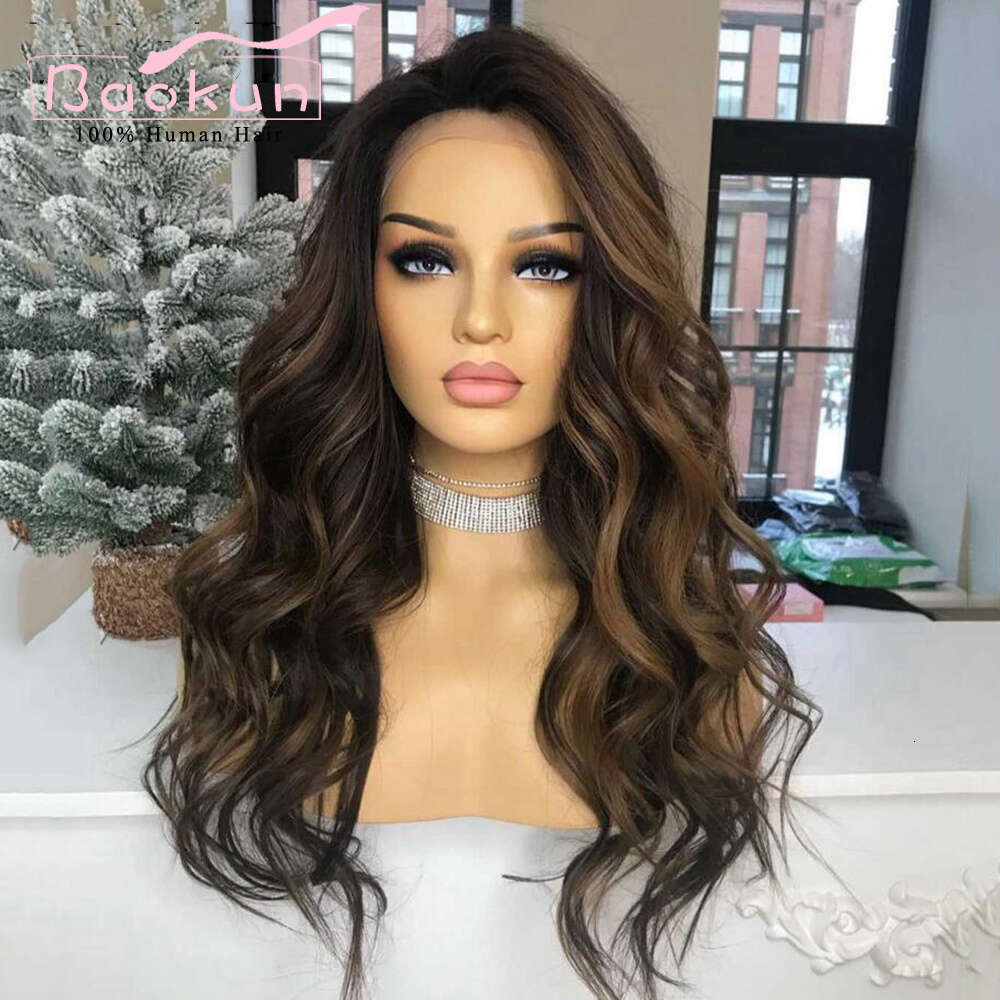 13X6 Brown Highlight 360 Frontal Wig Body Wave Lace Front Human Hair Wigs For Women Pre Plucked