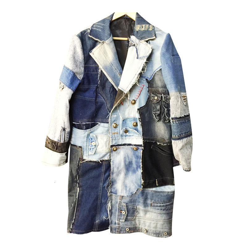 PFHQ Autumn Men's Patchwork Denim Worn Out Deconstruction Trench Coat Avant-Garde Double Breasted Techwear Windbreaker 21Z1042