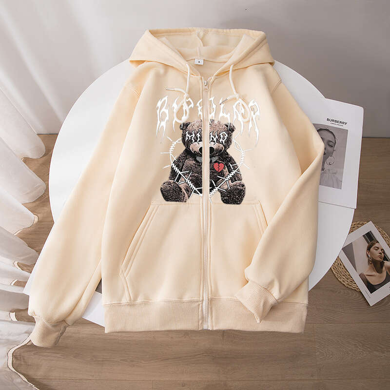 2024 New Y2K Bear Doll Printed Zipper Hoodie Street Trendy Brand Fleece Loose Zip Up Hoodie Hat
