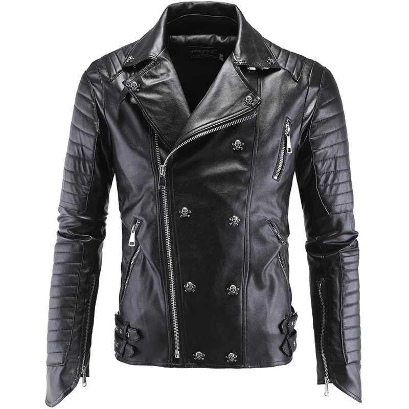 Mens Punk Leather Jacket Fashion Skeleton Rivet Car Leather Coat Casual PU Motorcycle Leather Coat W240918