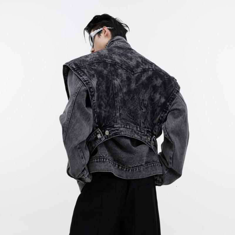 NOYMEI Niche Design Denim Coat Sleeve Detachable Vintage Washed Solid Color All-Match Loose Men Jacket Autumn High Street Wa3248