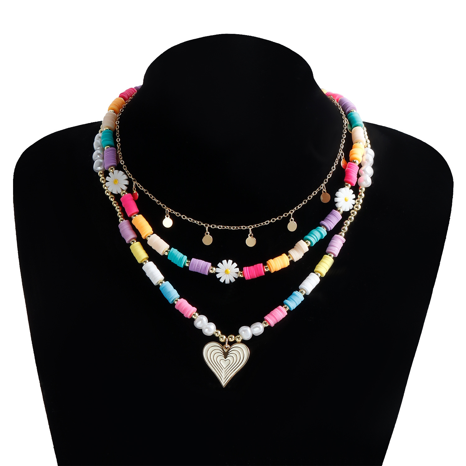 Bohemian Women's Stackable Multi-Layered Daisy Chain with Colorful Clay Heart Pendant Gold Plated Beads Chain Pendant Necklace Heart Flower Jewel