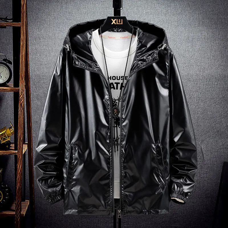 Men Shiny Jacket Shiny Silver Bright Hooded Zipper Bomber Jacket Autumn Thin Harajuku Windbreaker Waterproof Coats 240911