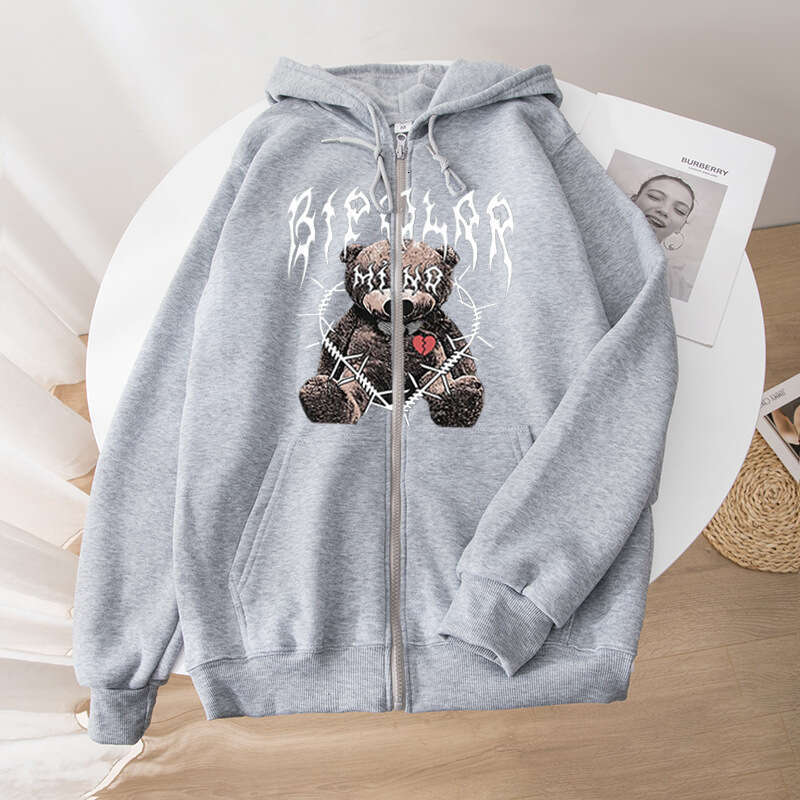 2024 New Y2K Bear Doll Printed Zipper Hoodie Street Trendy Brand Fleece Loose Zip Up Hoodie Hat