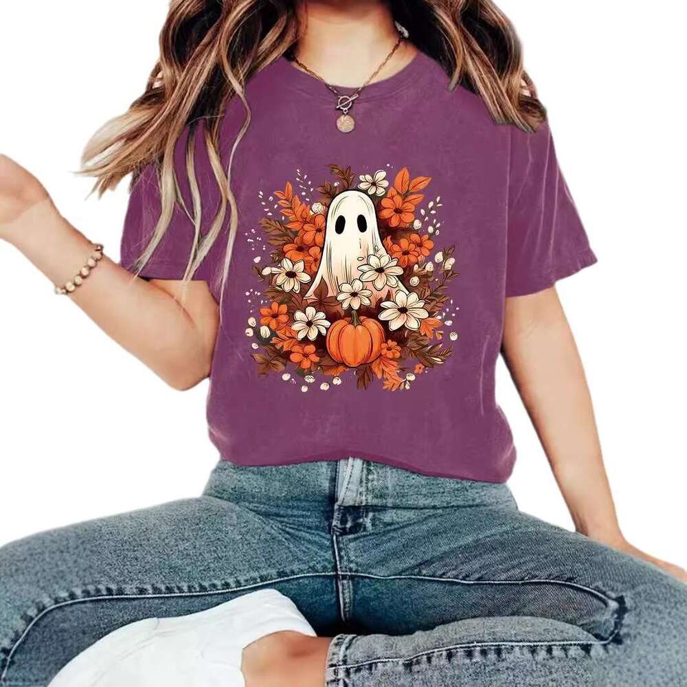 Hallowmas Summer Girl Ghost Flower Pattern Round Neck Short Sleeve Casual Fashion Halloween T-shirt