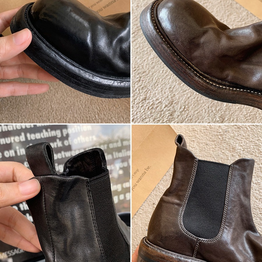 Wrinkled Thick-Heel Chimney Boots: Stylish Washed Horse Skin Leather Elastic Boots for Women 6cfe