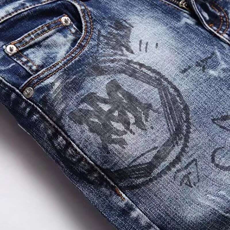 European and American fashion brands autumn retro graffiti letter print slim fit jeans men's trend scratched small feet foreign trade pants