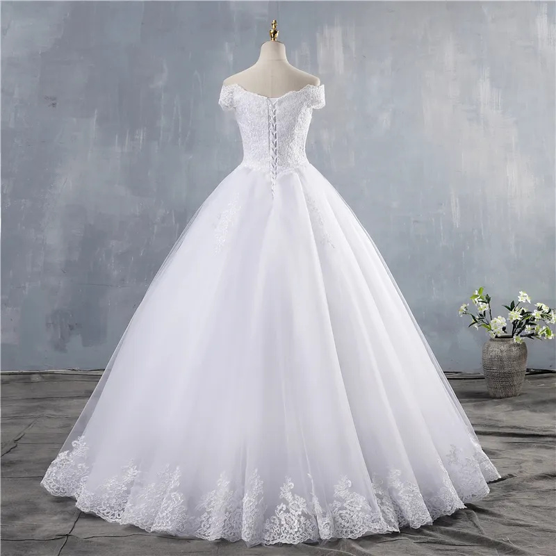 Ball Gown Off The Shoulder Wedding Dresses Short Sleeves Bridal Dress White Ivory Lace Appliques