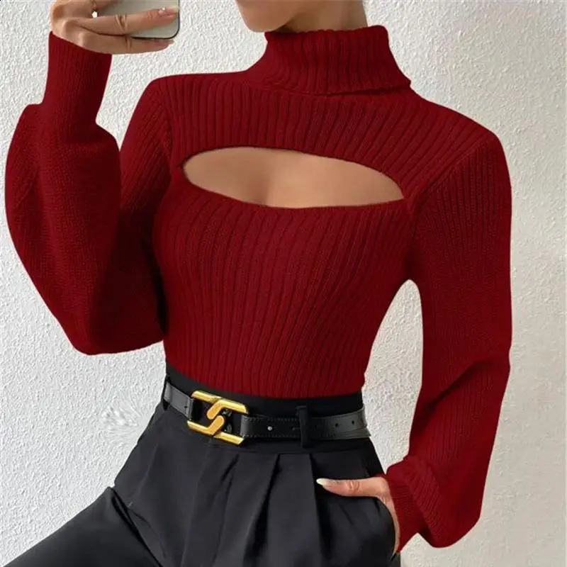 Chest Hollowed-out Sexy Sweater Sexy Loose Matching Sweater Fall Winter Turtleneck Hollowed-out Sweater Women Wear Top 240918