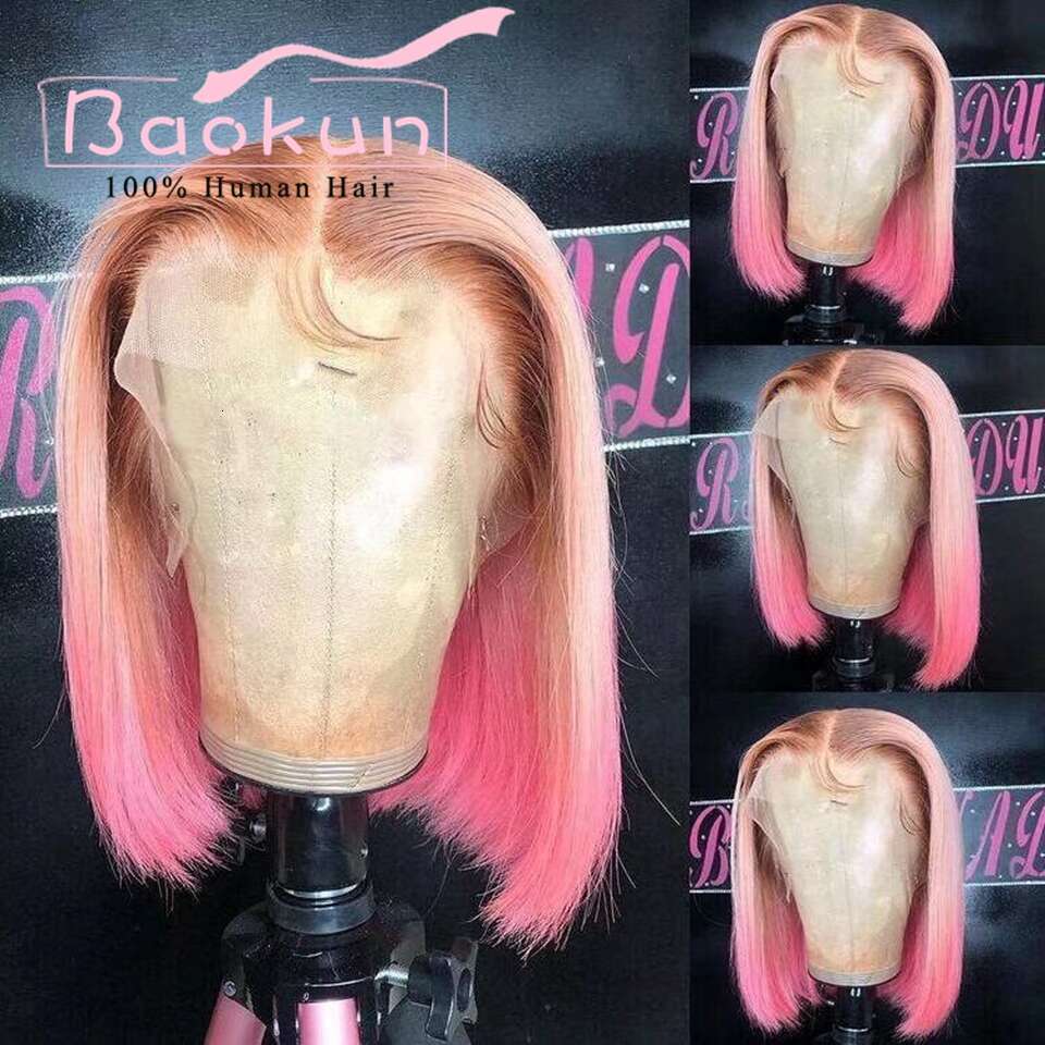 13X4 Pink Red Short Bob Front Transparent 13X6 HD Lace Frontal Wig Ombre 613 Human Hair Wigs For Women