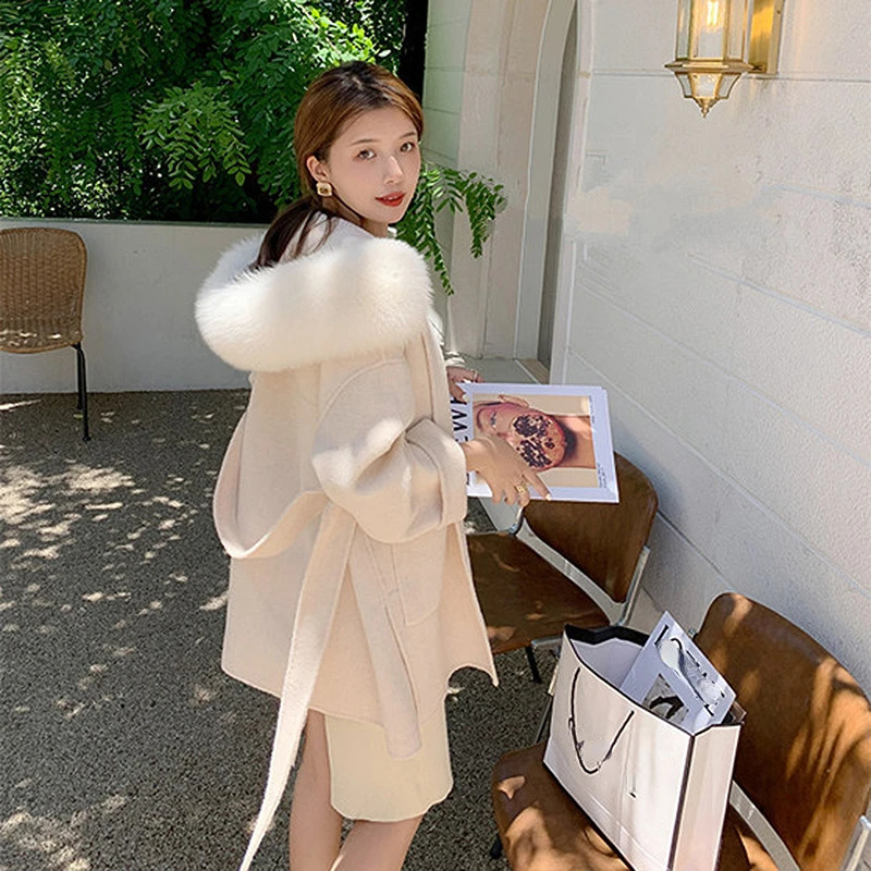 Wool Cashmere Coat Autumn Winter Fox Fur Collar Womens Mid-length Belt Hooded Woolen Coat Fashion 240911