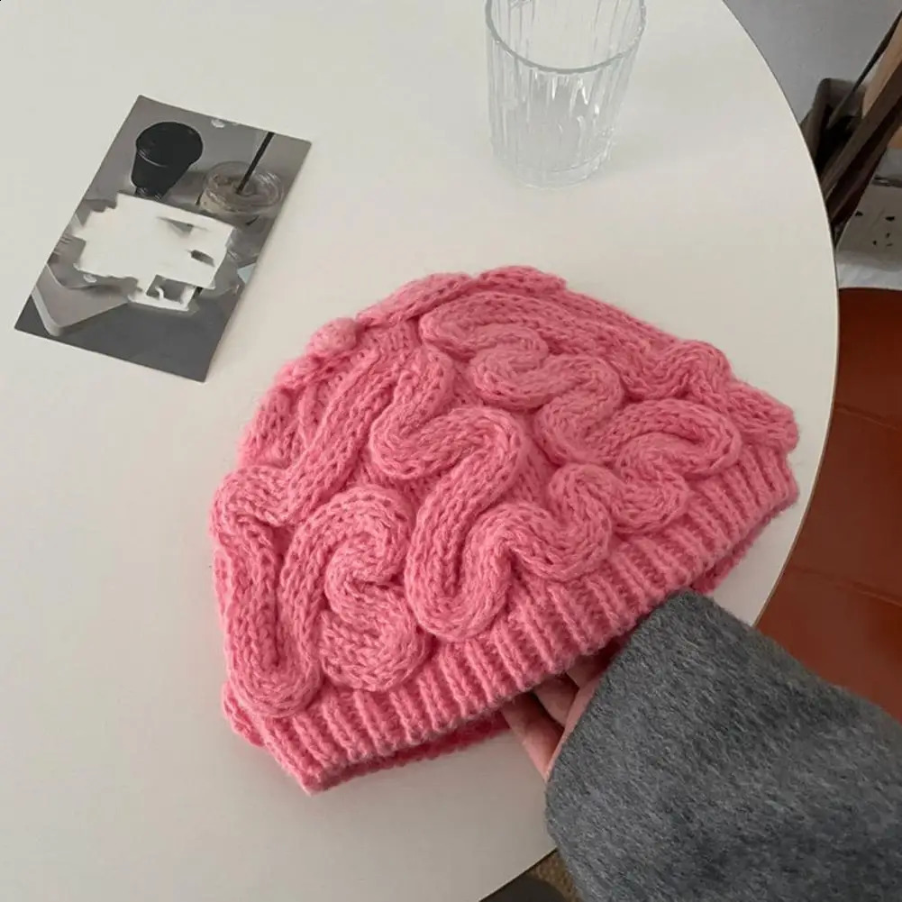 Solid color brushless hat knitted brain hat thick knitted Beanie hat winter outdoor cycling skiing fun brain design 240914