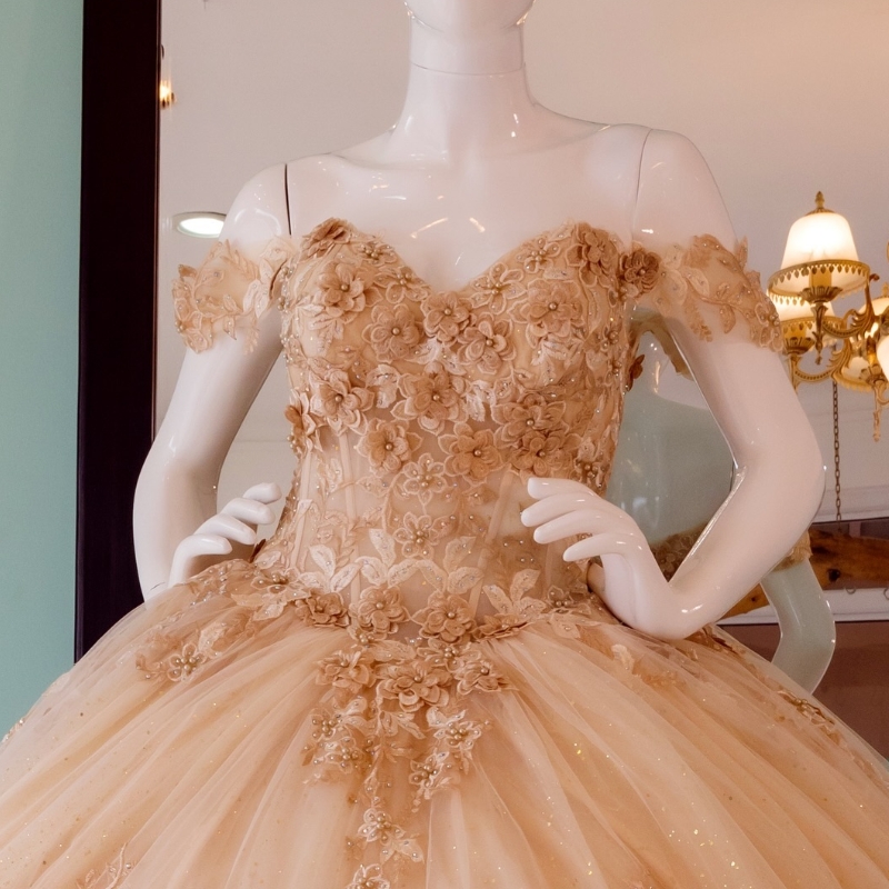 Champagne Shiny Quinceanera Dresses Ball Gown Off The Shoulder 3D Flowers Appliques Lace Tull Corset Vestidos De 15 Anos Sweet 16 Dress
