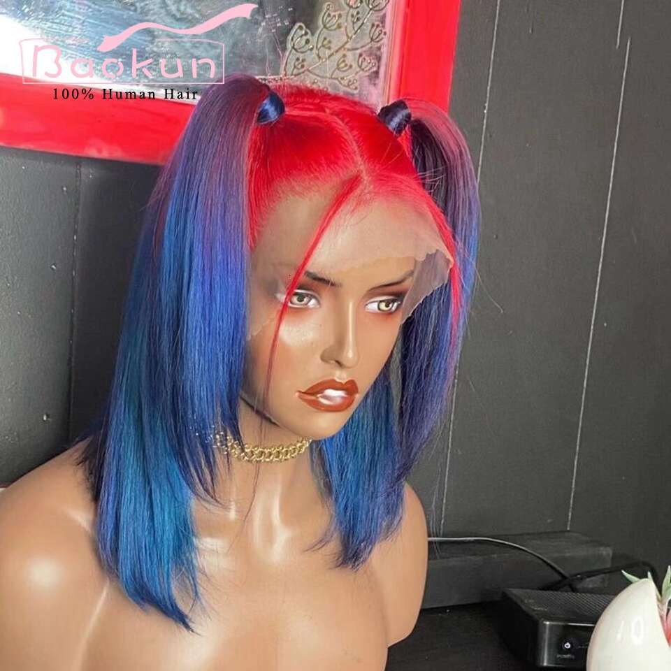 13X4 Grey Highlight Bob Front Human Hair Blue Green Short 13X6 HD Frontal Wig Transparent Lace Wigs For Women