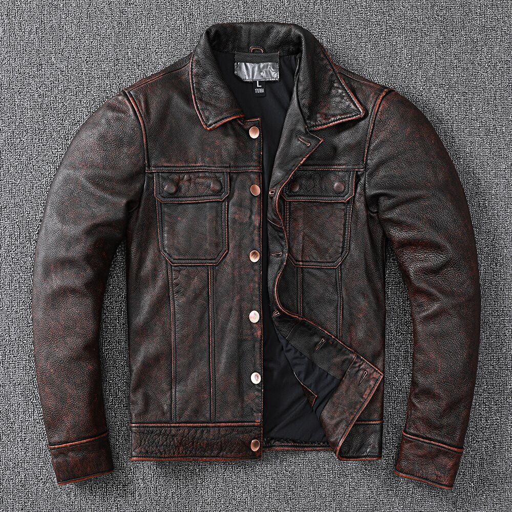 New Vintage Brown Workwear Cowboy Genuine Leather Jacket Natural Cowhide Coat Men's Stone Mill Old Style Clothes