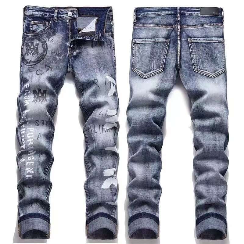 European and American fashion brands autumn retro graffiti letter print slim fit jeans men's trend scratched small feet foreign trade pants
