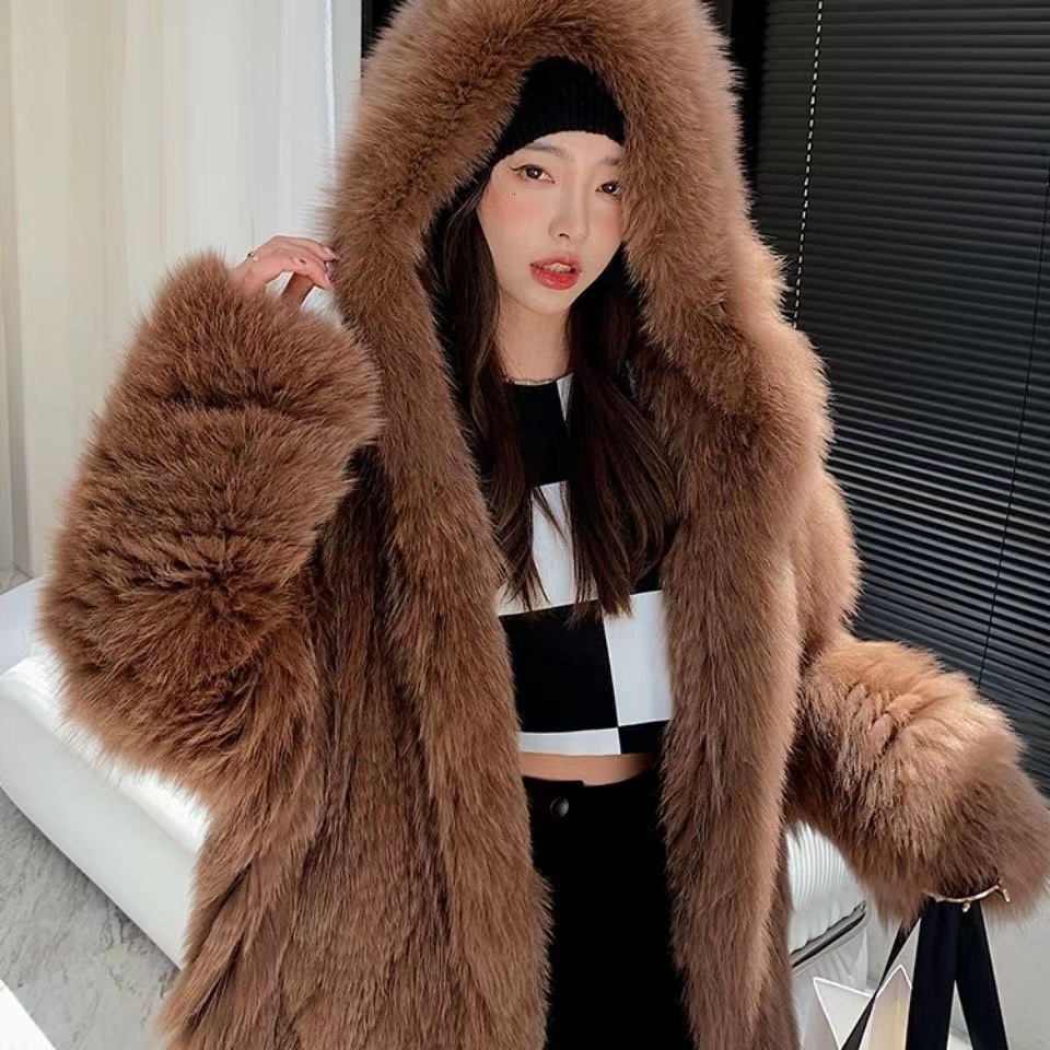 FURTJY New Style Jackets Autumn Winter Knitted Women Double Long Sleeve Woven Er Fashion Real Fox Fur Coat