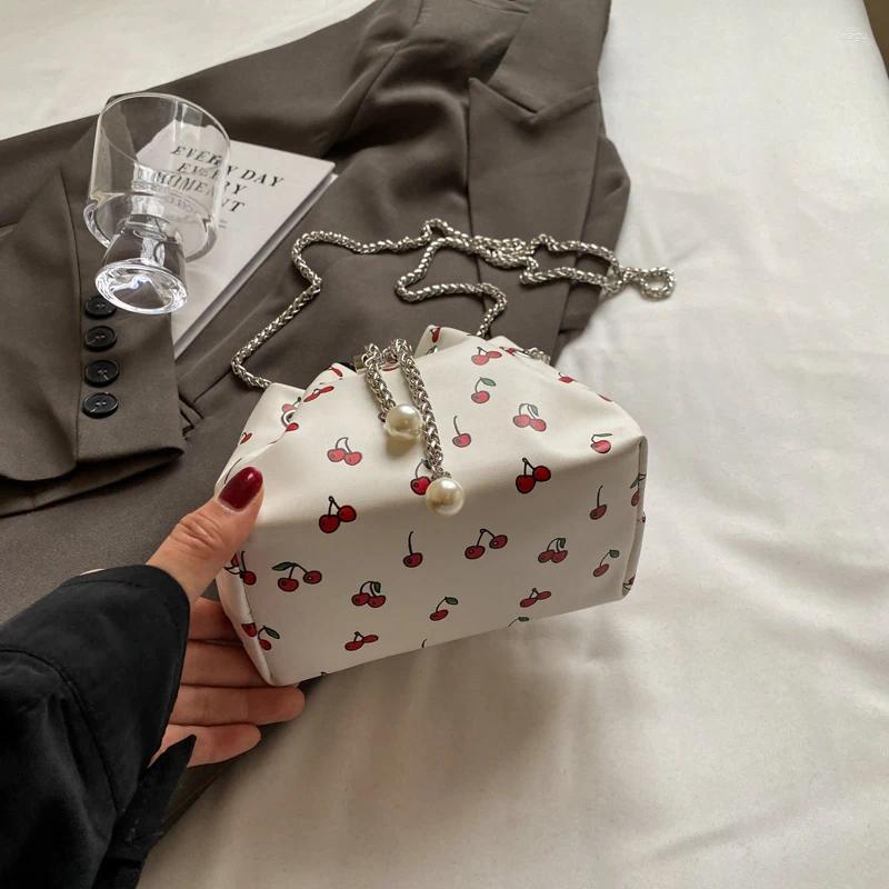 Drawstring Bucket Bags For Women Trend 2024 PU Leather Cherry Print Pearl Crossbady Purse And Handbags Chains Shoulder Strap Versatile Bag
