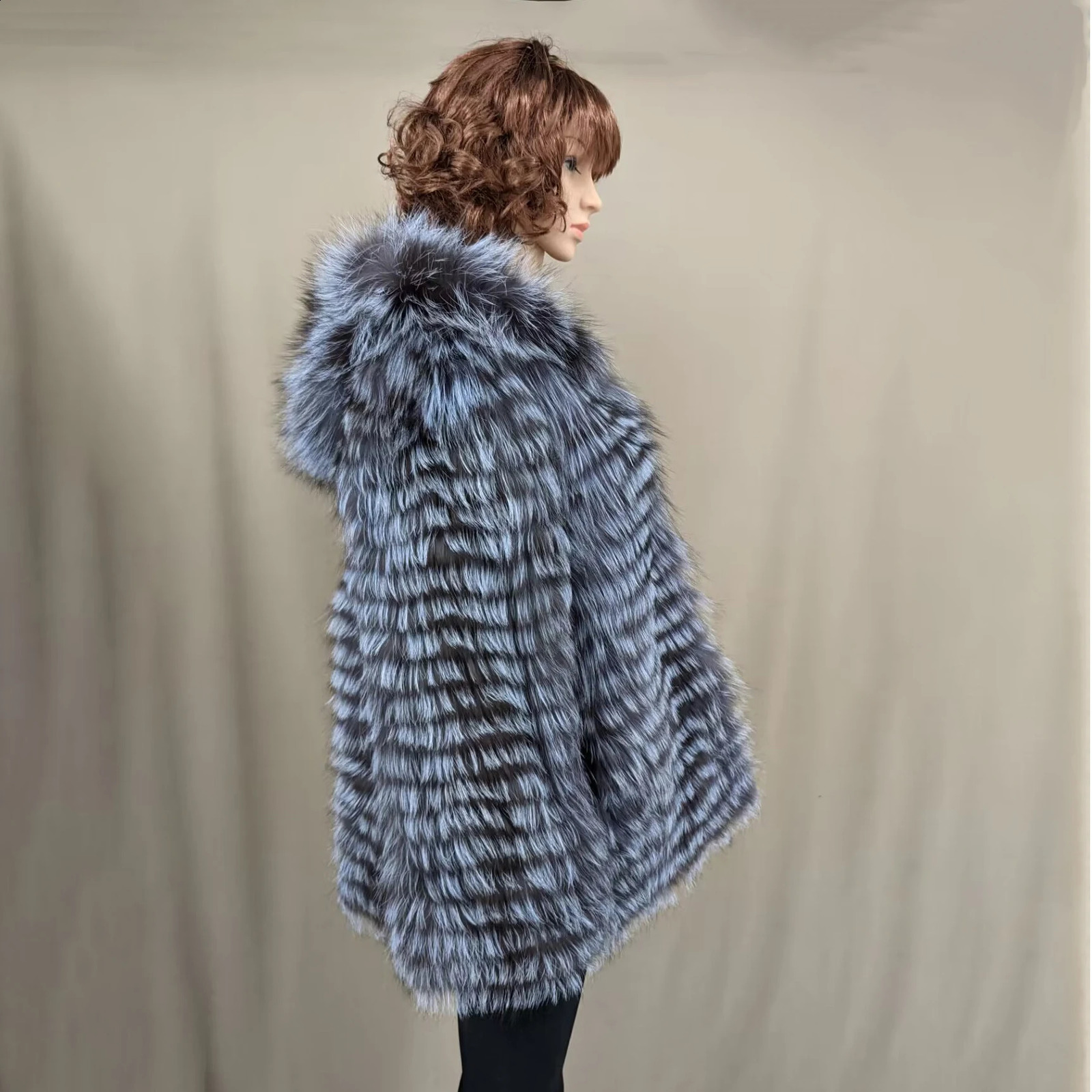 Womens striped real silver fox fur long coat with hood natural sleeved ious elegant spring autumn 240911