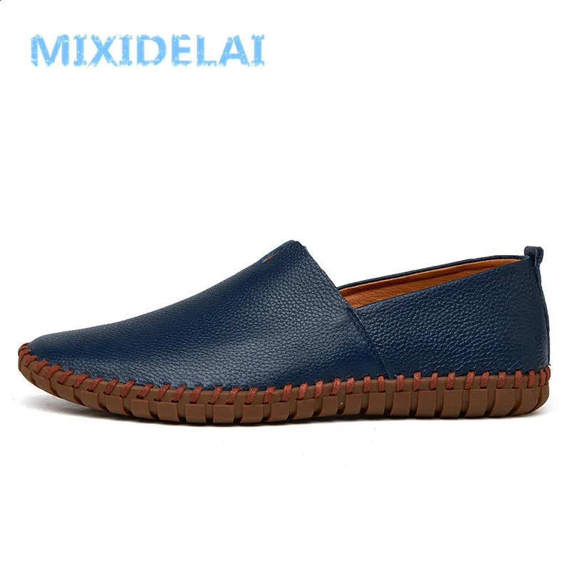 MIXIDELAI Genuine Cow Leather Mens Loafers Fashion Handmade Moccasins Soft Leather Blue Slip On Mens Boat Shoe PLUS SIZE 38~47 240909