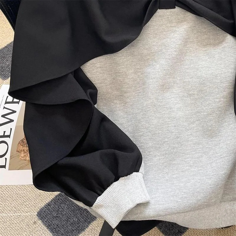 Spring and Autumn Fashion Two Pieces Loose Large Spliced Bow Versatile Foreigner Round Neck Womens Long Sleeve Sweater 240914