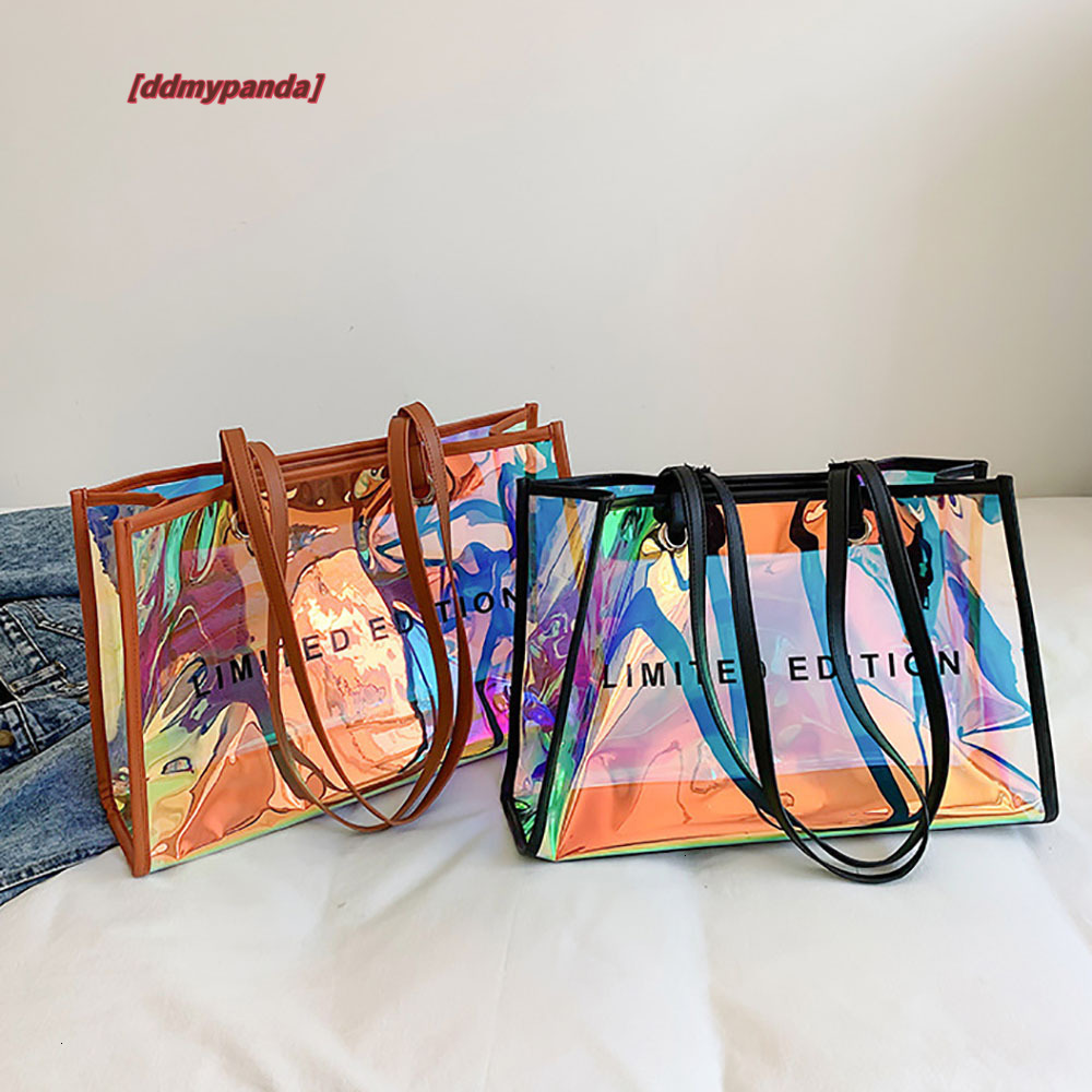 Fashion Women Clear Tote PVC Laser Waterproof Transparent Handbags Large Capacity Shoulder Bag Summer Beach Portable Bags H7.6#26 ddmypanda
